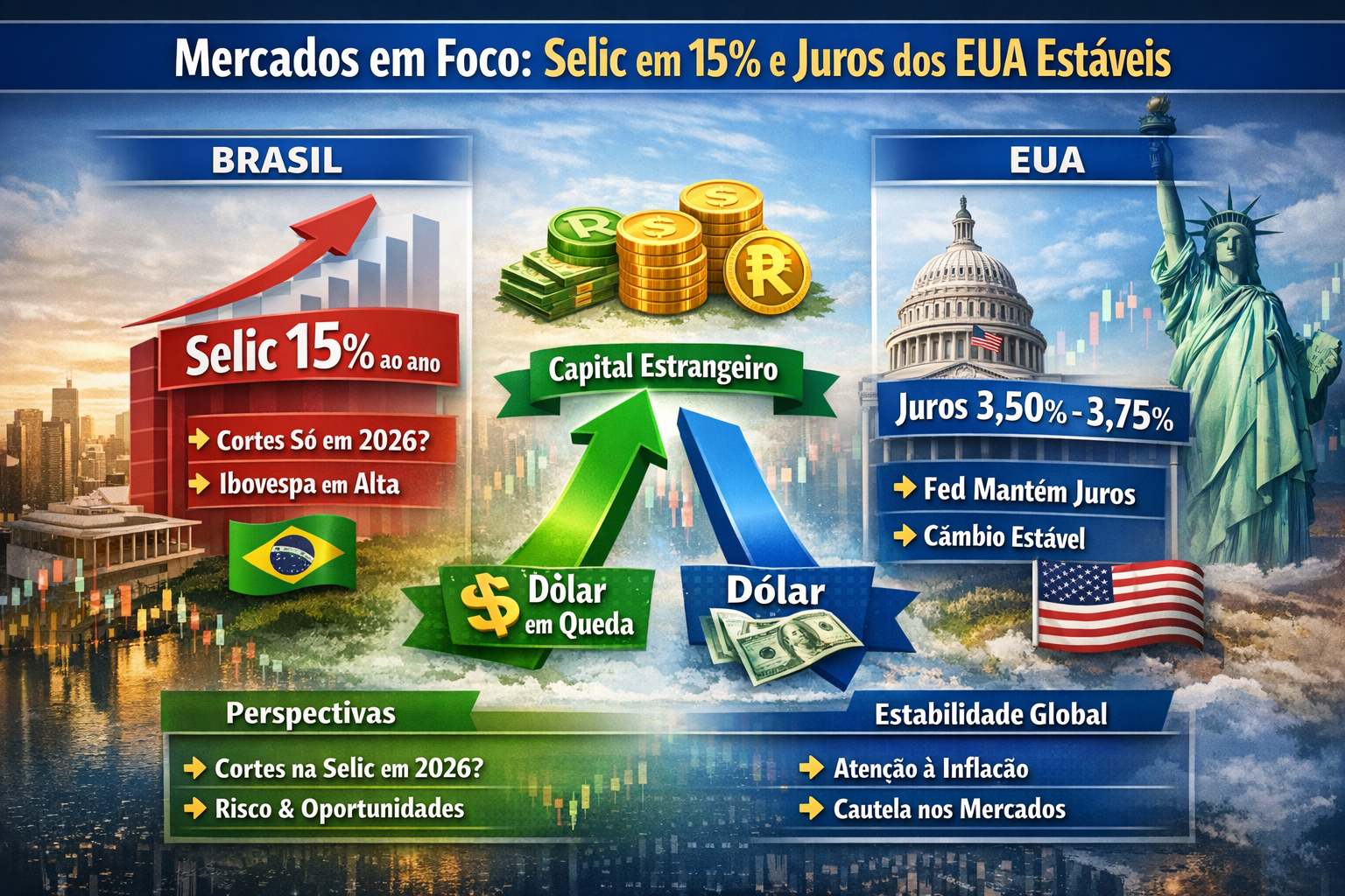 Novo capítulo da política monetária: Copom mantém Selic em 15% e Fed mantém juros estáveis — um cenário que molda os mercados